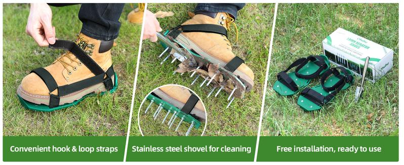 Product Introduction of Lawn Aerator Shoes with Stainless Steel Shovel, Free-Installation Aerating Shoes with Hook & Loop Straps, Heavy Duty Spiked Aerating Sandals, Universal Size for Yard Patio Garden Grass Lawn 7