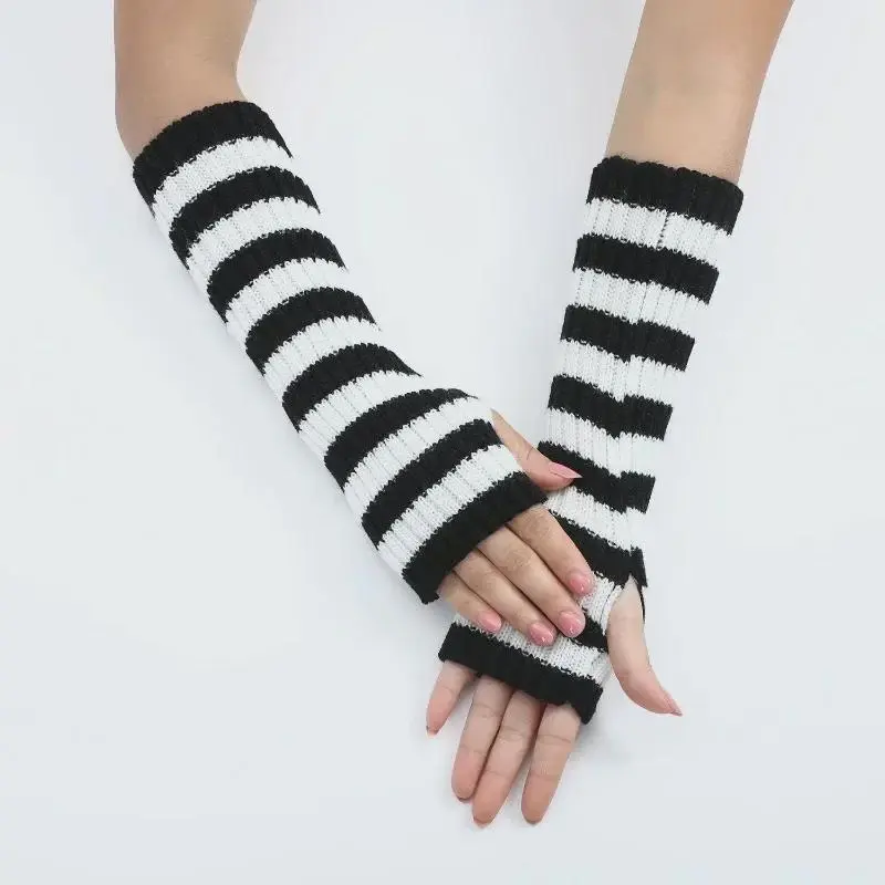Women's Striped Knit Arm Warmers – 30cm Long Fingerless Gloves – Ideal for Gothic & Everyday Casual Wear 5