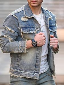 Men's Raw Wash Ripped Denim Jacket, Casual Button Front Pocket Design Raw Hem Jean Coat for Daily Wear, Fashion Men's Clothes for All Seasons