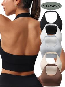 Women's Solid Backless Wireless Sports Bra, Adjustable Strap Removable Chest Pad Gym Short Tank Top, Ladies Sportswear for Indoor Outdoor Wear