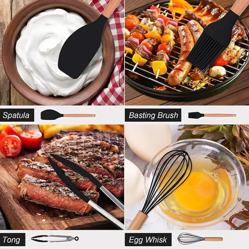 Kitchen Cooking Utensil Set, 12 Pcs Silicone Kitchen Cooking Utensil Set with Utensil Holder, Heat Resistant Non Stick Cooking Tool, Summer for Gift, Wooden, Handles 3