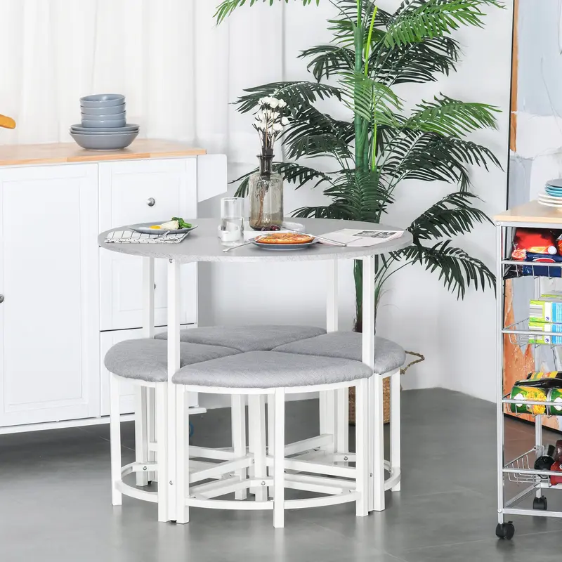 HOMCOM Modern Round Dining Table Set with 4 Upholstered Stools for Dining Room, Kitchen, Grey 7