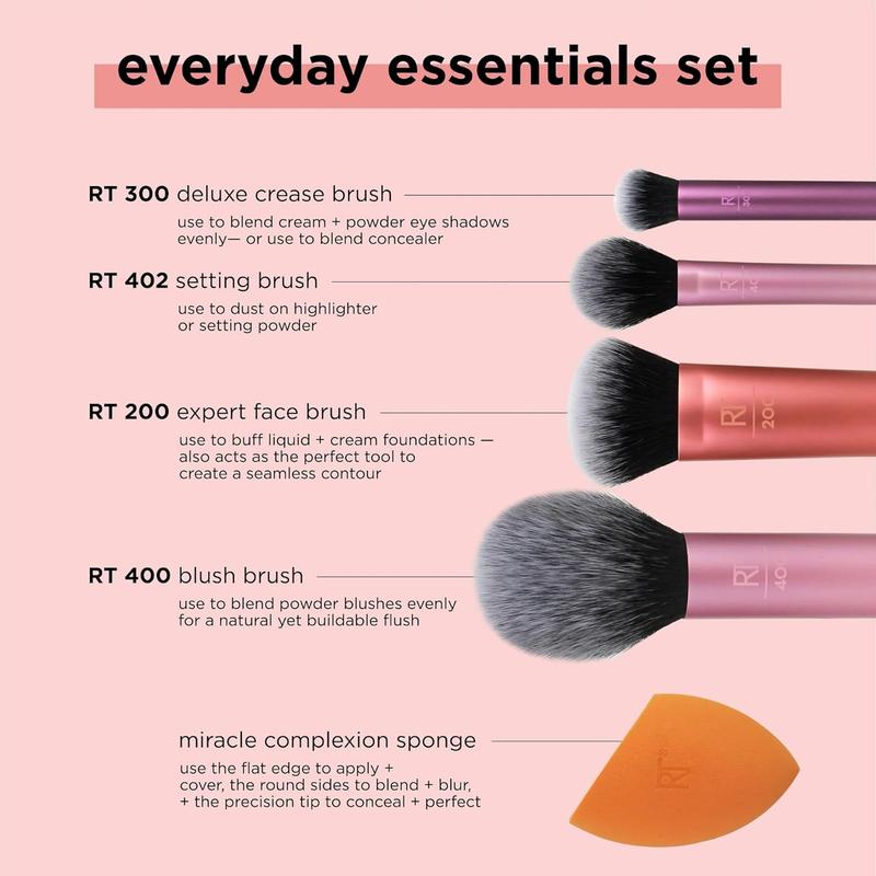 Real Techniques Everyday Essentials + Makeup Sponge Kit, 4 Makeup Brushes and 2 Makeup Blender Sponges,Blush, Bronzer, Eyeshadow, and Powder, Synthetic Bristles, Cruelty-Free, 6 Piece Set Cosmetic 3