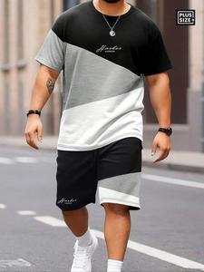 【Plus Size】 Men's Letter Print Tee & Shorts Set, Regular Fit Casual Round Neck Short Sleeve T-shirt & Track Shorts, Men's Summer Clothes