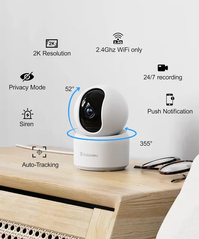 GALAYOU 2K WiFi Pet Camera, Home Security Camera Indoor for Dog, Cat, Baby Monitor Camera, 360° Wireless Camera, Motion Tracking, Night Vision, 2-Way Audio, Works with Alexa&Google Home G2 (2P) 1