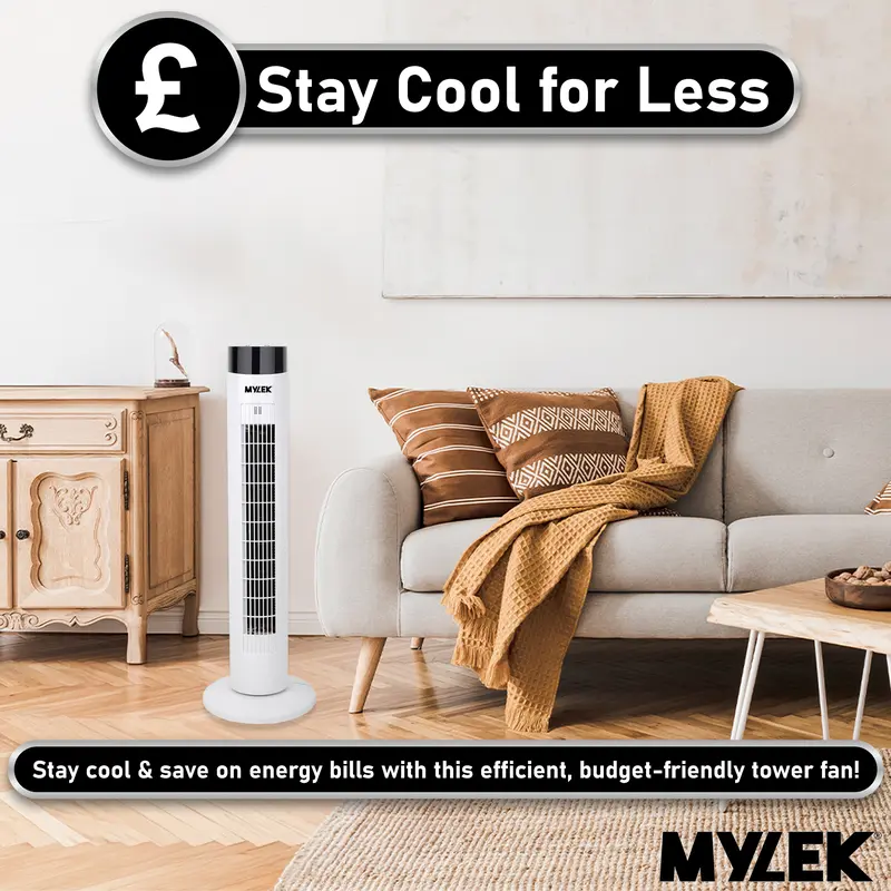 MYLEK Tower Fan 34 Inch Oscillating Slim Floor Standing Cool Air Circulator, Remote Control, Timer, Ioniser, Quiet, 3 Cooling Settings, Temp Display, Bedroom, Home Or Office (White Or Black Version) 8