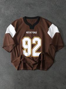 Men's Vintage Brown & White Number 92 Football Jersey, Casual Short Sleeve T-shirt for Spring & Fall, Fashion Men's Top for Daily Wear