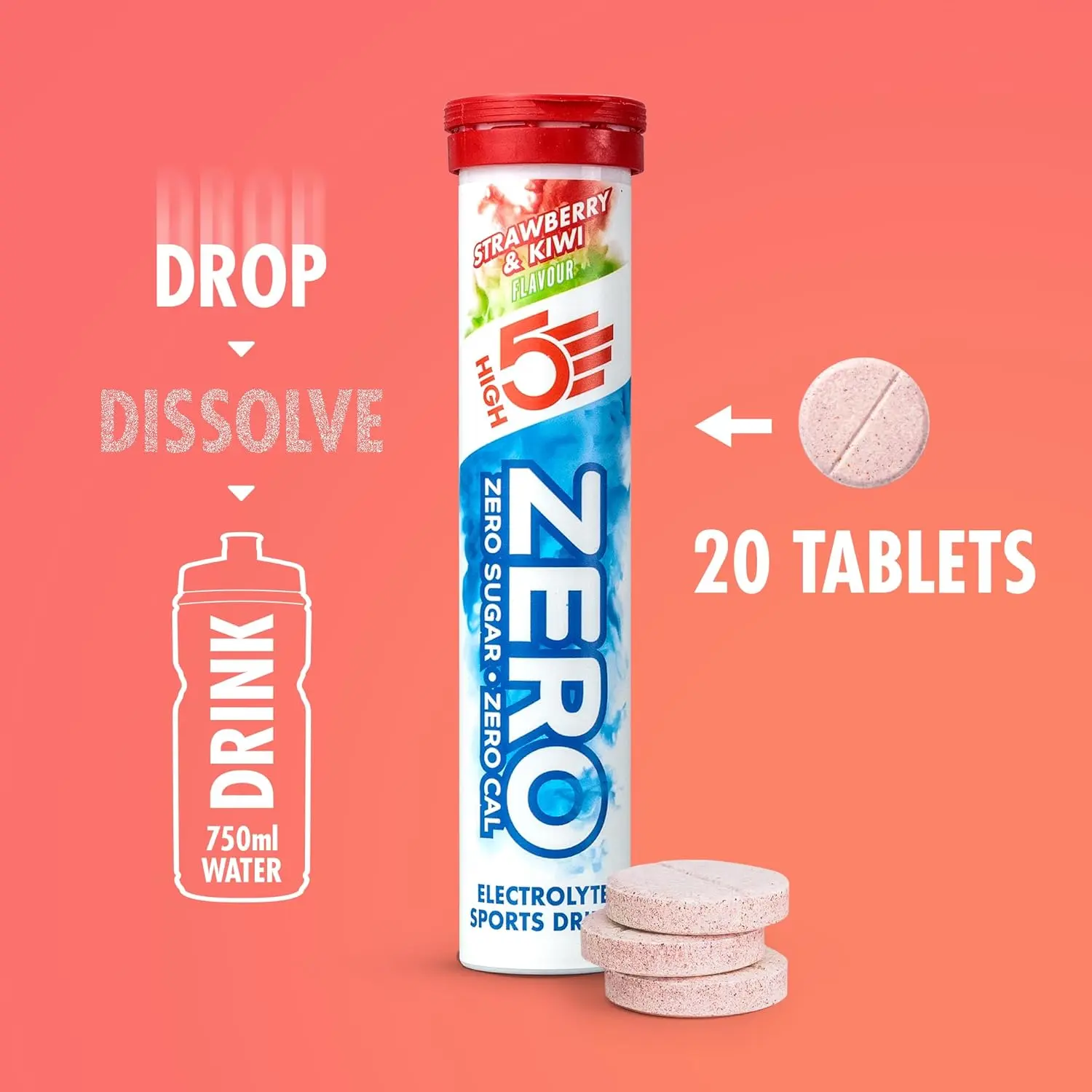 HIGH5 ZERO Electrolyte Tablet - Hydration Tablets Enhanced with Vitamin C - 0 Calories & Sugar Free - Boost Hydration, Performance & Wellness - Strawberry & Kiwi, 20 Tablets (20x, Pack of 1)