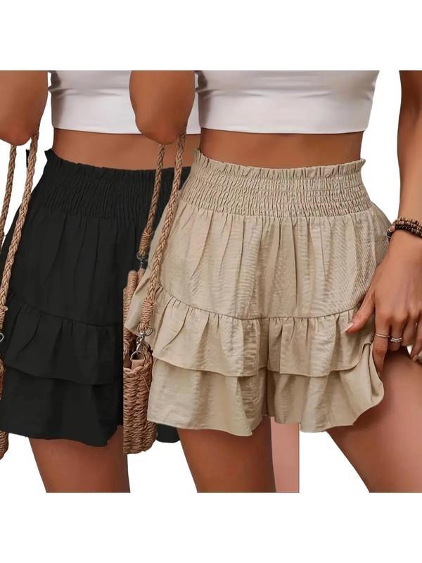 Product Introduction of Women's Frill Trim Ruffle Hem Shirred Shorts, Boho Casual Shorts for Spring & Summer, Summer Shorts for Women, Back To School, Ladies Elegance Minimalist Shorts, Wide Leg Shorts for Women, Ruffle Shorts, Going Out Bottoms 18