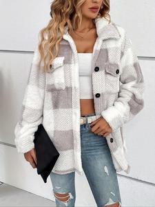 Women's Plaid Print Button Front Fuzzy Coat, Casual Drop Shoulder Long Sleeve Collared Outerwear for Fall & Winter, Ladies Clothes for Daily Wear