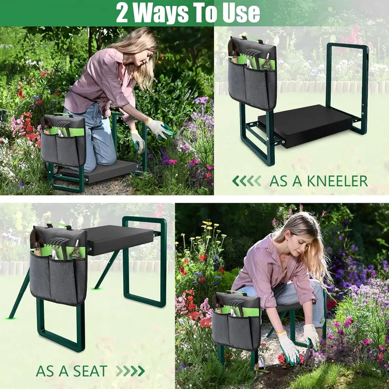 seasky Foldable Garden Kneeling and Seat,Anti-Tipping Garden Stool Widened Thick Soft Kneeling Pad, Heavy Duty Gardening Stool with Garden Tool Bag,Gardening Gift (Deep Green) 3