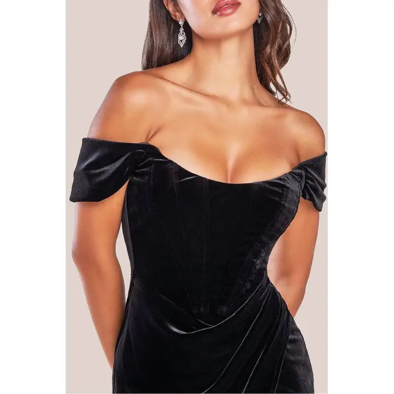 Draped Shoulder Velvet Corset Maxi Dress - Black by Goddiva 2