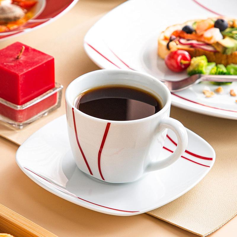 MALACASA Dinnerware Sets, 18/24/30-Piece Porcelain Square Dishes, Gray White with Red Rim, Modern Dish Set for 6 - Plates and Bowls Sets, Ideal for Dessert, Salad, and Pasta - Series FELISA 6