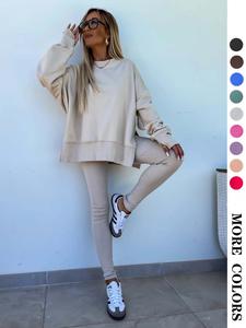 Women's Solid Drop Shoulder Sweatshirt & Elastic Waist Pants Two-piece Set, Casual Fashion Cozy Long Sleeve Pullover & Skinny Trousers for Daily Outdoor Wear, Clothes
