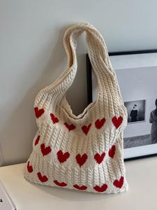 Women's Heart Pattern Crochet Bag, Large Capacity Shoulder Bag for Daily Used, Casual Trendy Versatile High-quality Daily Commuting Bag, Girl Fashionable Shopping Bag