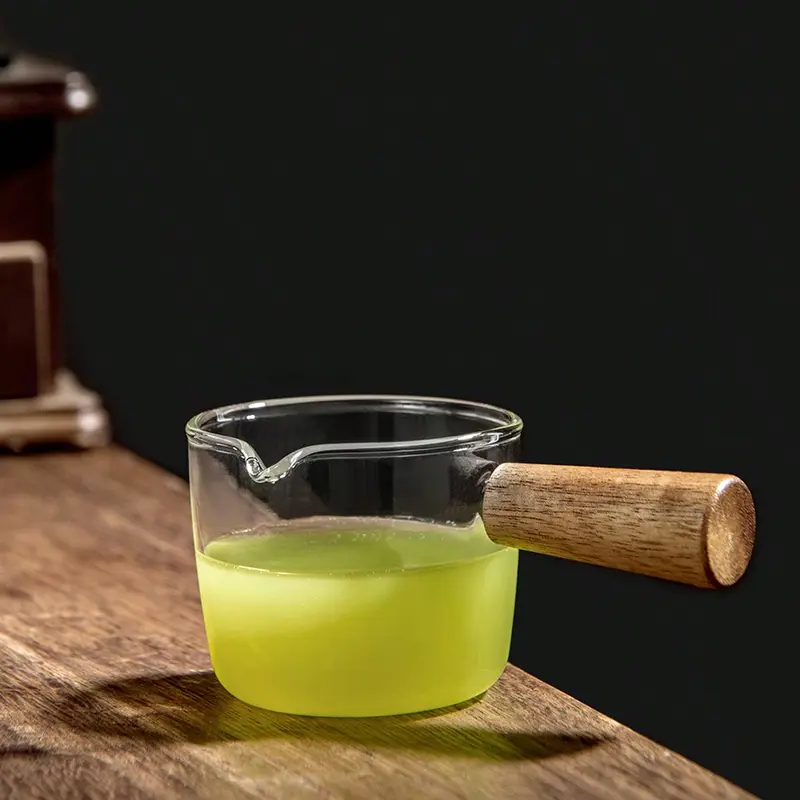 High Borosilicate Glass Mini Wooden Handle Milk Frothing Pitcher, Espresso Coffee Cup, Small Sauce Dish, Restaurant Milk Creamer 6