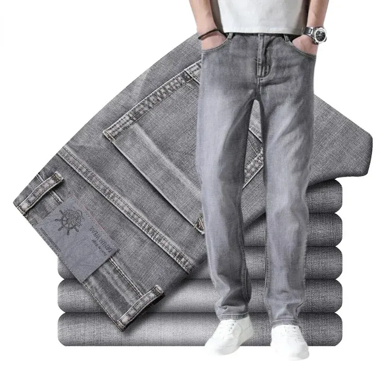 2024 Cotton Stretch Jeans Business Casual Men's Thin Denim Jeans Grey Spring Summer Brand New Fit Straight Lightweight Menswear Asian Spandex Trouser Pants Beige Pocket Plain Streetwear Black Gray1210