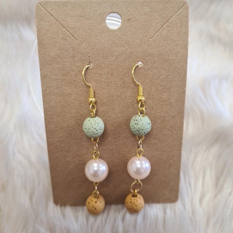 Boho Chic Gemstone Drop Earrings - Sage, Pearl & Lava N.12 2