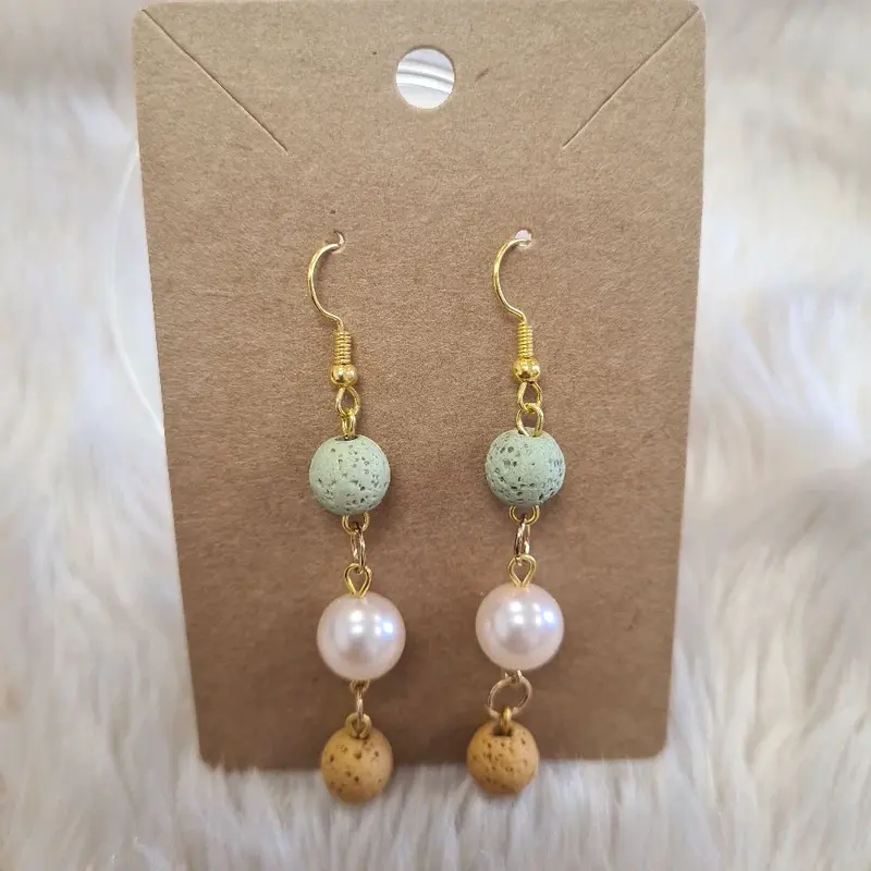 Boho Chic Gemstone Drop Earrings - Sage, Pearl & Lava N.12 1