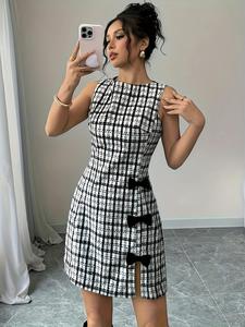 Women's Bow Decor Plaid Print Dress, Elegant Fashion Casual Sleeveless Round Neck Short Dress for Daily Outdoor Wear, Women Dress for Fall