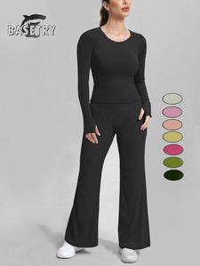 Two-Piece Set Women's Solid Raglan Sleeve Tee & Wide Leg Pants Tracksuit Set, Sporty Casual Round Neck Long Sleeve Top & Elastic Waist Trousers for Yoga Gym Workout, Ladies Fall & Winter Sportswear