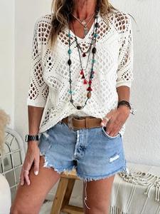 【Plus Size】 Solid Hollow Out Drop Shoulder Knit Top, Basic Elegant Curvy V Neck 3/4 Sleeve V Neck Knitwear for Summer, Women's Crochet Clothing for Daily Wear, Womenswear, Casual Classy Top, Boho Casual Jumper, Lady