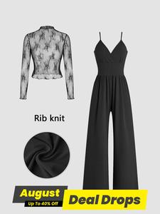 Women's Solid Lace Tee & Pocket Overalls Jumpsuit Two-piece Set, Fitted Elegant Chic Soft Zipper Back Cami Jumpsuit & Longsleeves Top for Lady Daily Outdoor Wear, Women's Clothing for Spring & Fall, Breathable Womenswear