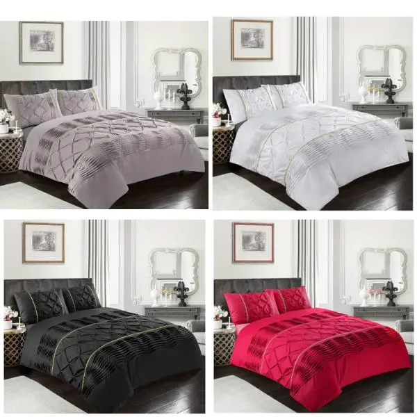 Luxury Antoinette Damask Floral Duvet Cover Set – Reversible Polycotton Quilt Cover for Double and King Size Beds, Eleanor Pintuck Stripes Design, Soft 200 Thread Count, Easy Care Summer Bedroom Décor, Buttons Closure, Includes Duvet and Pillow Cases 0