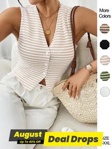 Women's Striped Print Button Front Vest, Casual Sleeveless Crop Top for Summer, Ladies Clothes for Daily Wear