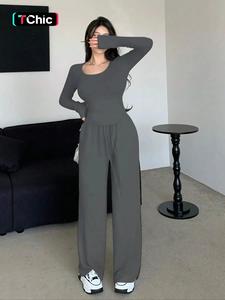 Two-Piece Set Women's Solid Long Sleeve Top & Wide Leg Pants, Casual Fashion Cozy for Daily Outdoor Wear, Ladies Clothes for All Seasons, Suits, Womenswear, Fall outfit