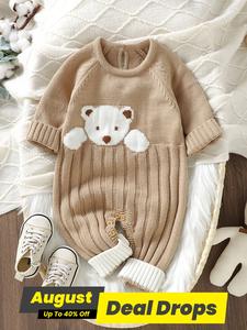 Baby's Cartoon Bear Print Raglan Sleeve Sweater Onesie, Cute Casual Long Sleeve Round Neck Knitwear for Fall & Winter, Baby Clothes, Newborn Infant Kids Clothes for Daily Wear, Bebe Clothes, Bear Merch, Baby Clothing