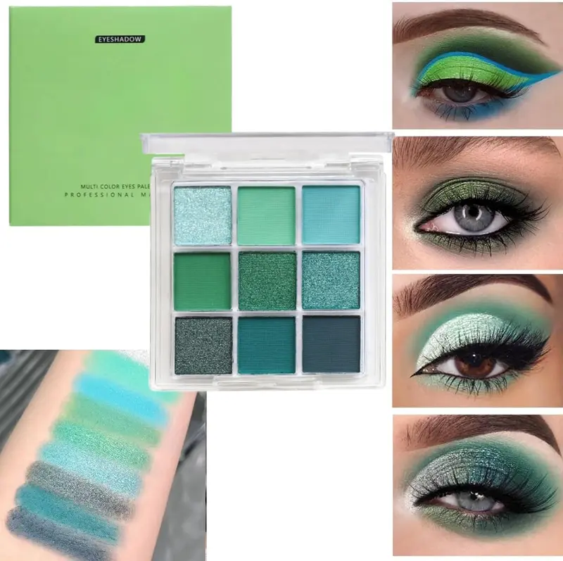 4 Pack Portable 9-Color Eyeshadow Palette Set - with Shades of Black, Blue, Green & Purple - Ideal for Travel, Convenience in Applying Eye Makeup 3
