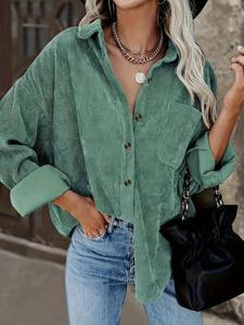 Women's Plain Pocket Button Front Corduroy Shirt, Casual Drop Shoulder Long Sleeve Blouse Top for Spring & Fall, Ladies Clothes for Daily Wear