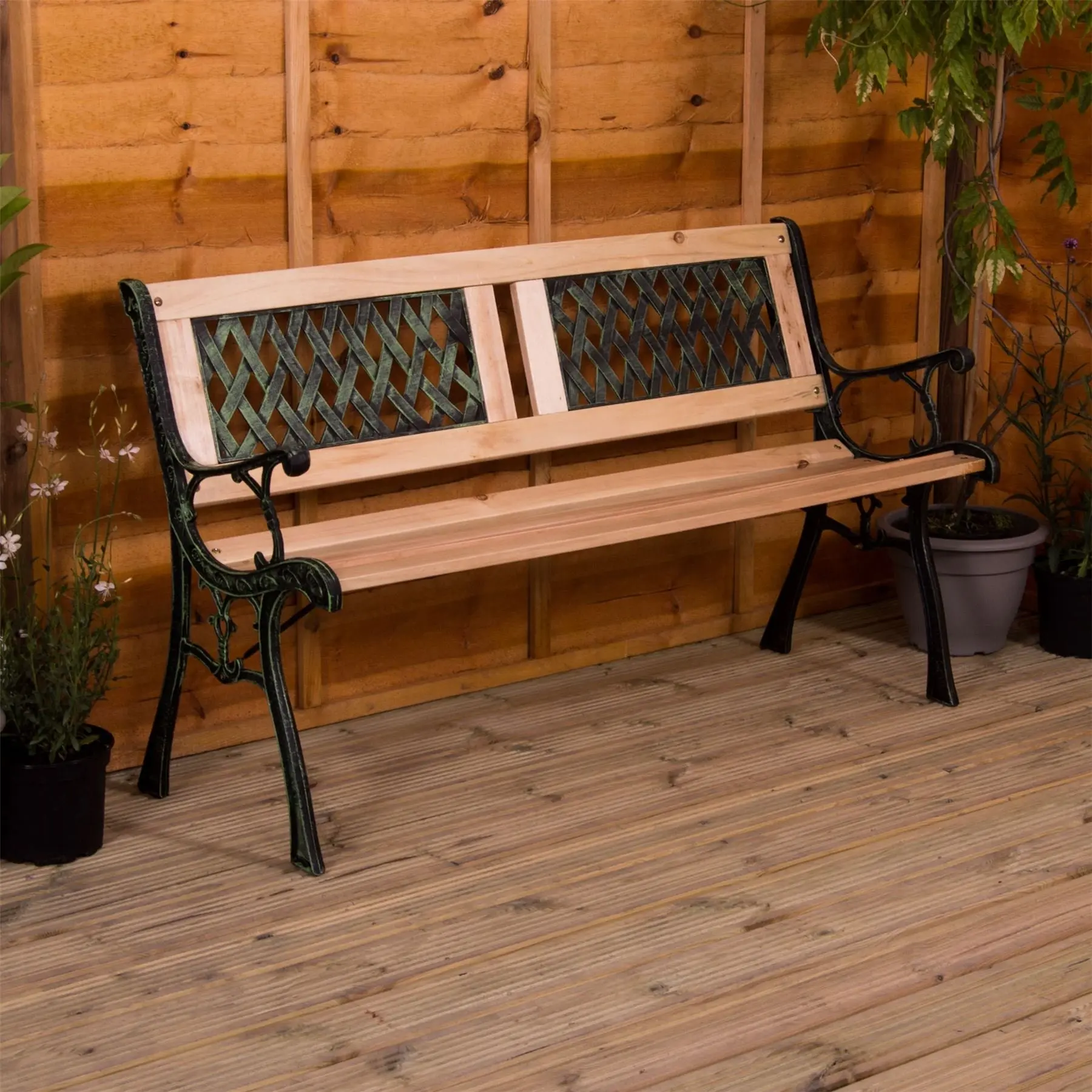 Vida Designs Garden Bench, Twin Cross Style Design 3 Seater Outdoor Furniture Seating Wooden Slats Cast Iron Legs Park Patio Seat