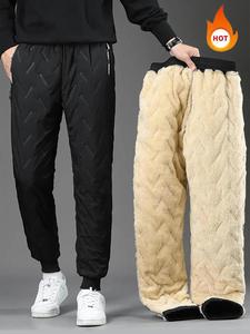 Men's Solid Color Textured Letter Print Drawstring Waist Thermal Lined Jogger Pants, Casual Comfy Loose Pocket Elastic Waist Fleece Trousers for Fall & Winter, Men's Bottoms for Daily Wear