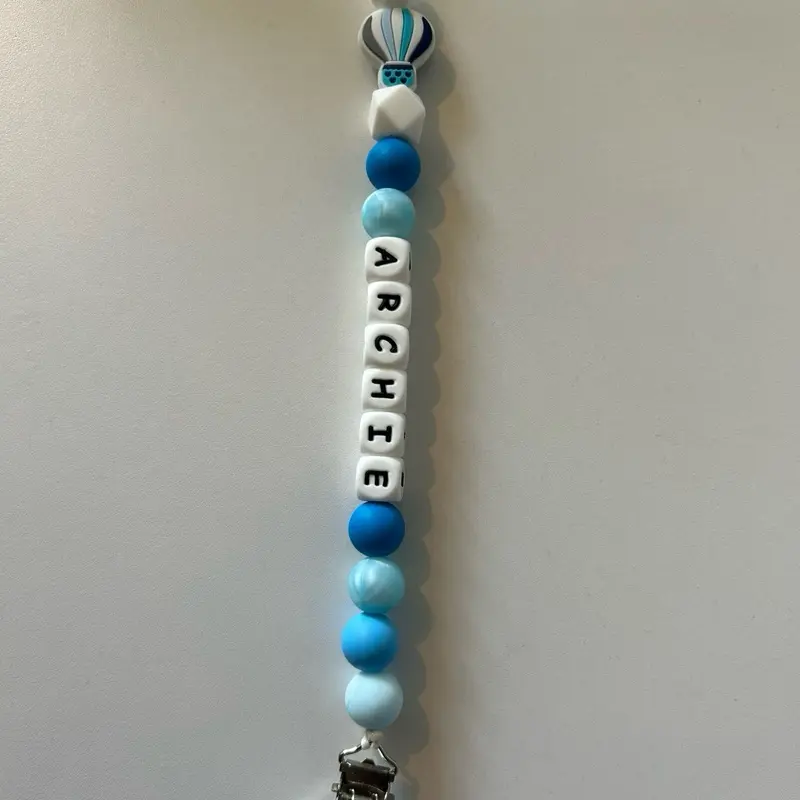 Plain/Personalised Blue Hot Air Balloon Theme Silicone Dummy Clip - Perfect for Baby Teething 3