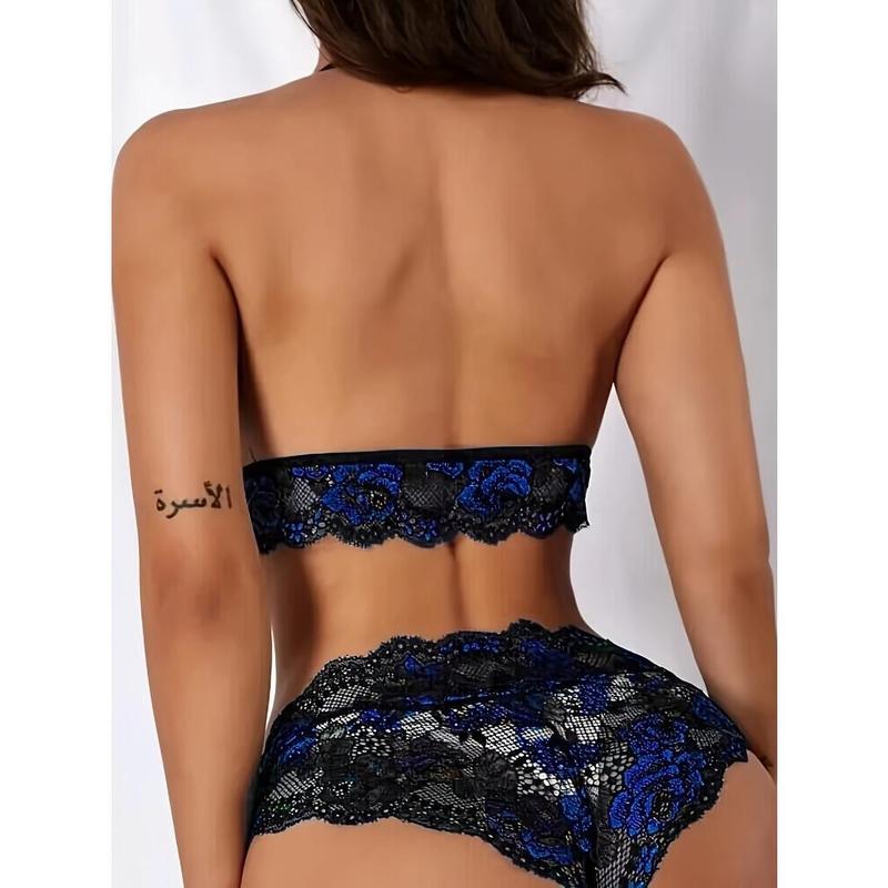 Floral Lace Trim Lingerie Set, Seductive Push Up Bra + Semi-Sheer Lace Panties, Women's Sexy Lingerie & Underwear 8