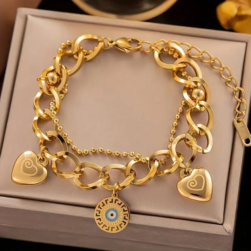 Elegant Golden-Tone Stainless Steel Bracelet with Heart Charms & Evil Eye Pendant - Vintage-Inspired, Design Perfect for Daily Wear & Gifting, Charm Bracelet 0