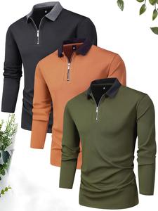 Men's Colorblock Zipper Polo Shirt, Casual Long Sleeve Collared Top, Men's Formal Golf Clothes for Daily Wear, Drippy Outfits Going Out Outfit