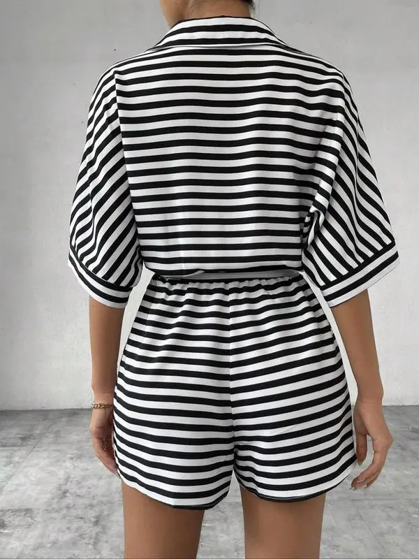 Women's Striped Print Romper, Casual Belted Romper for Summer, Fashion Women's Clothes for Daily Wear 4