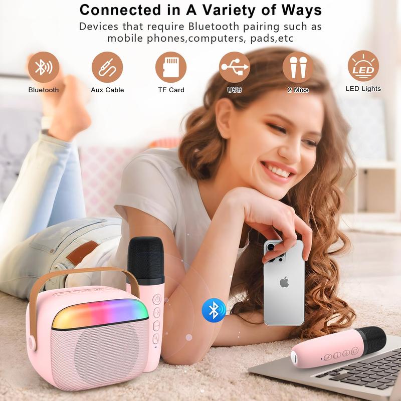 Kids Karaoke Machine,Portable Bluetooth Speaker with 2 Wireless Microphones/LED Light/Voice Changing Effects,Gifts for Age 3-18 Kids Boys Girls Families Birthday Party,Pink 2