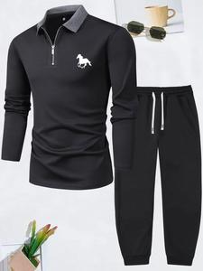 Two-Piece Set Men's Animal Print Zipper Polo Shirt & Drawstring Waist Pants Set, Regular Fit Casual Long Sleeve Collared Top & Elastic Waist Trousers Set For Spring & Fall, Men's Clothes For Outdoor Sports