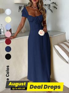 Women's Solid Backless Tie Front Dress, Casual Boho Chic Fashion Short Sleeve Long Dress for Summer, Women's Clothing for Beach Holiday, Lady Casual Wear, Casual Bohemian Dress