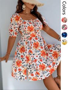 【Plus Size】 Floral Print A Line Dress, Boho Style Fashion Casual Half Sleeve Dress for Beach Holiday Vacation, Women's Casual Summer Chic Clothing for Summer