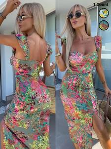 Women's Floral Print Elegant Boho Sweetheart Dress, Sleeveless Split Hem Dress for Beach Holiday Vacation, Ladies Clothes for Summer, Party Dresses, Bohemian Womenswear, Formal Wear, Elegant Party Lightweight Floral Dress
