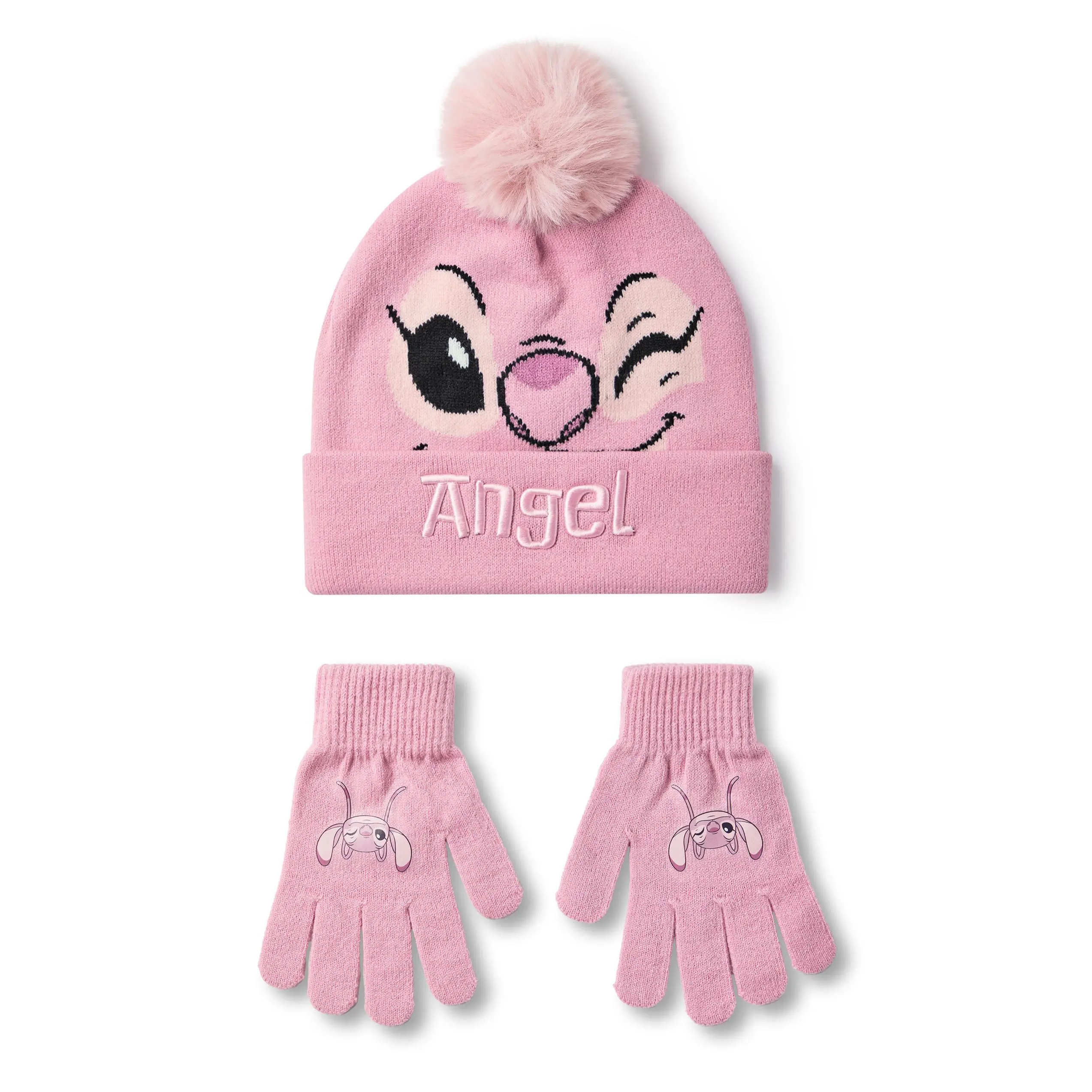 Vanilla Underground x Disney Girls Pink Angel Character Face Beanie and Gloves Set (One Size)