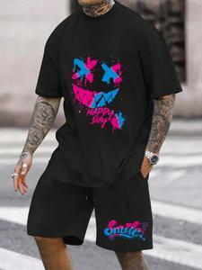Plus Size Men's Smile Face & Letter Print Short Sleeve Graphic Tee & Drawstring Waist Shorts Set, Regular Fit Casual Round Neck T-shirt & Pocket Track Shorts, Men's Summer Clothes, Shortsleeve Menswear