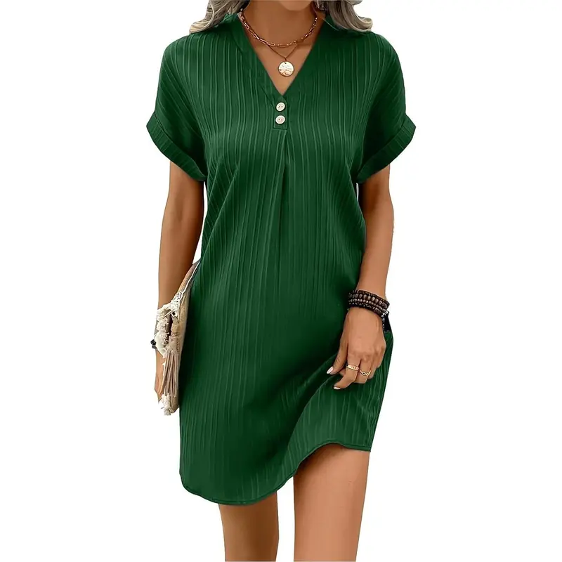 Womens Button Down Shirt Dresses Summer Cotton Linen Dress V-Neck Mini Dress Casual Short Sleeve Loose Tunic Dresses 4