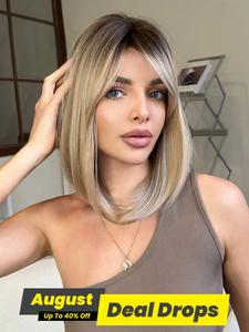 16 Inch Short Straight Bob Wigs for Women, Summer Gorgeous Fluffy Natural Wig with Bangs, Synthetic Full Machine Glueless Hd Wigs for Party, Daily Use, Glueless Hairline Wig
