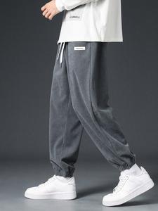 Men's Letter Patched Drawstring Waist Corduroy Pants, Loose Casual Comfy Pocket Trousers for Fall & Winter, Men's Bottoms for Daily Wear